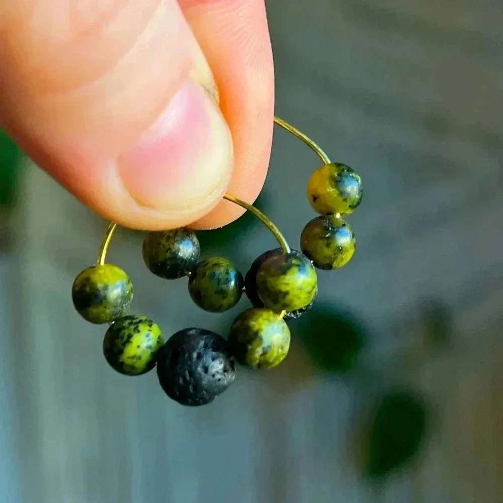 Handmade Beaded Hoop Earrings – Green Jasper and Lava Stone with Gold Wire